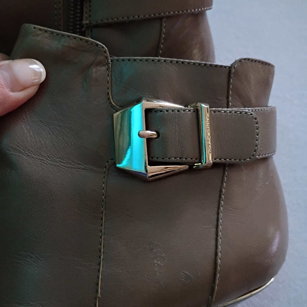 Anne Klein Brown Leather Ankle Booties with Gold Buckle - Picture 5 of 11
